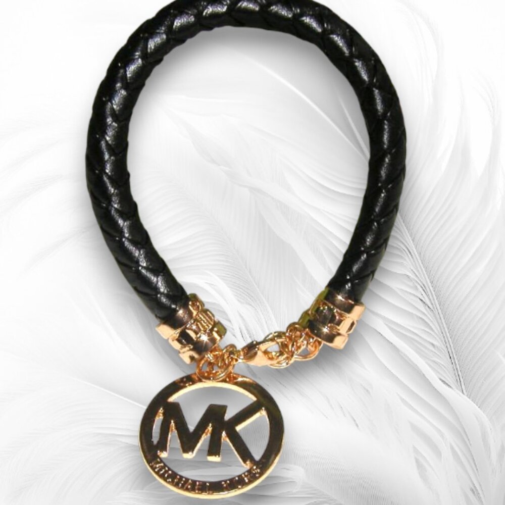 Michael Kors Black Braided Bracelet Metal Logo Signed Size: 8 inch